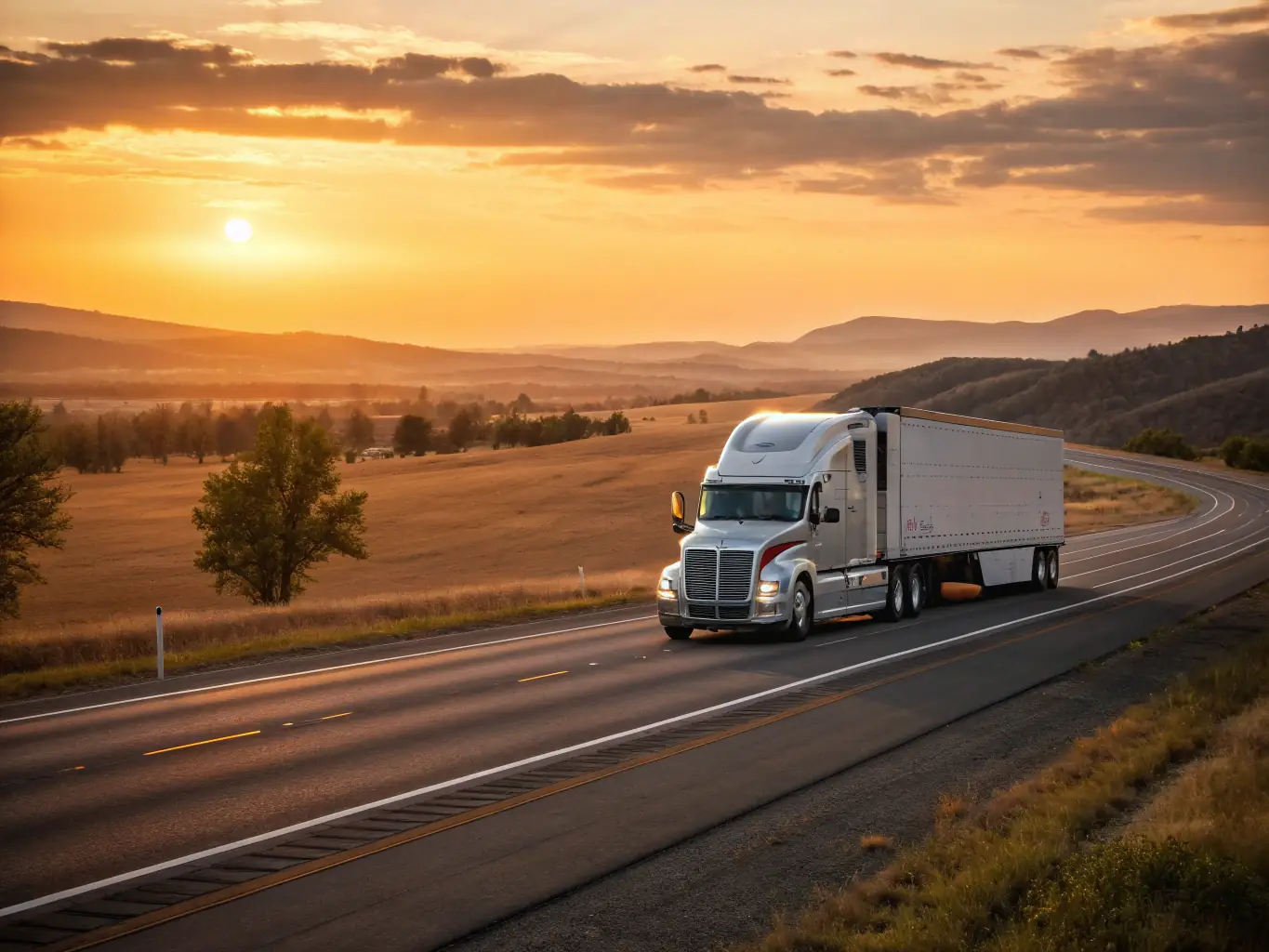 A high-angle shot of a modern semi-truck on a highway, emphasizing its aerodynamic design and fuel-efficient features. The truck is moving smoothly, suggesting optimized performance.