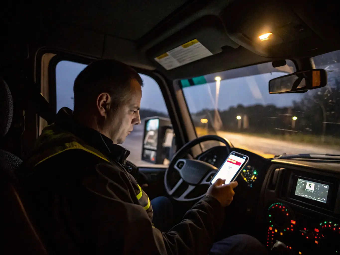 A driver wearing a seatbelt and attentively looking at the road, with a focus on the dashboard instruments. The setting is inside the cabin of a modern truck.